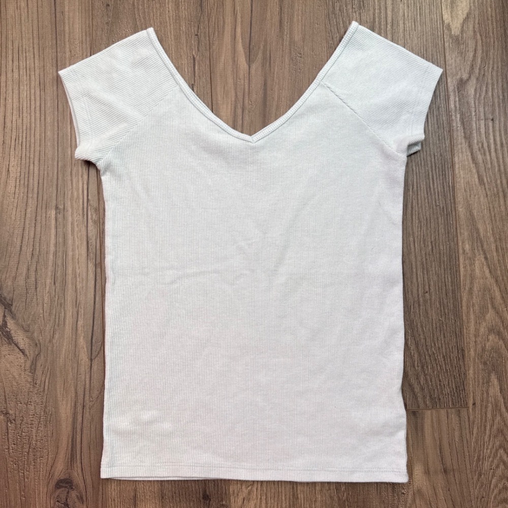 American Eagle Ribbed V Neck Cap‎ Sleeve Top Light Blue Womens Small